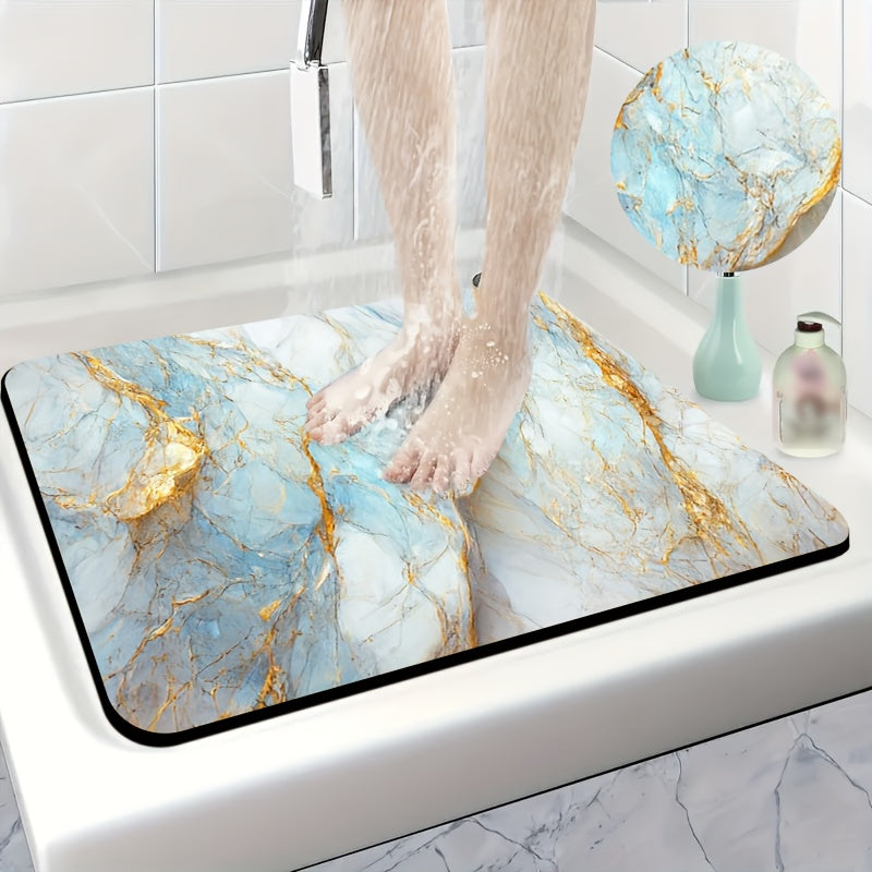1pc Diatomite Bath Mat with Blue Golden Marble Print Design, Quick-Dry Non-Slip Absorbent Floor Mat, Soft and Comfortable for Bathroom, Shower, Laundry Room, Bedroom, Doorway, Kitchen, RV Bathroom, Bathroom, Bath Matts for Bathroom, Non Slip Bathtub Mat,
