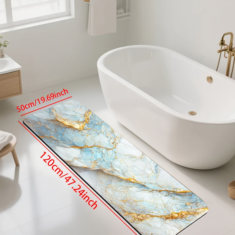 1pc Diatomite Bath Mat with Blue Golden Marble Print Design, Quick-Dry Non-Slip Absorbent Floor Mat, Soft and Comfortable for Bathroom, Shower, Laundry Room, Bedroom, Doorway, Kitchen, RV Bathroom, Bathroom, Bath Matts for Bathroom, Non Slip Bathtub Mat,