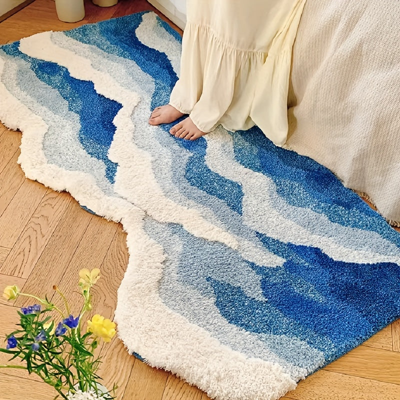 Thick Ultra-Soft Tufted Rug - Blue Ocean Wave, Non-Slip TPR Backing, Absorbent for Bathroom & Living Room Decor
