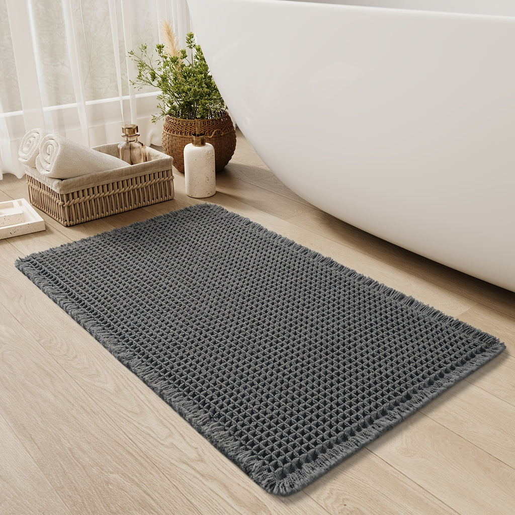 SIXHOME Ultra-Absorbent Waffle Bath Mat - Non-Slip, Machine Washable with Tassels, Rubber Backed Polyester Blend Rug for Bathroom Floor