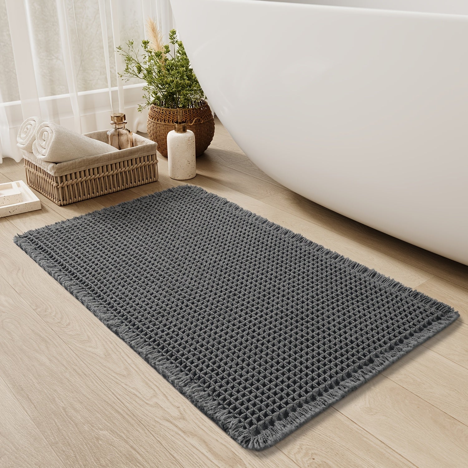 SIXHOME Ultra-Absorbent Waffle Bath Mat - Non-Slip, Machine Washable with Tassels, Rubber Backed Polyester Blend Rug for Bathroom Floor