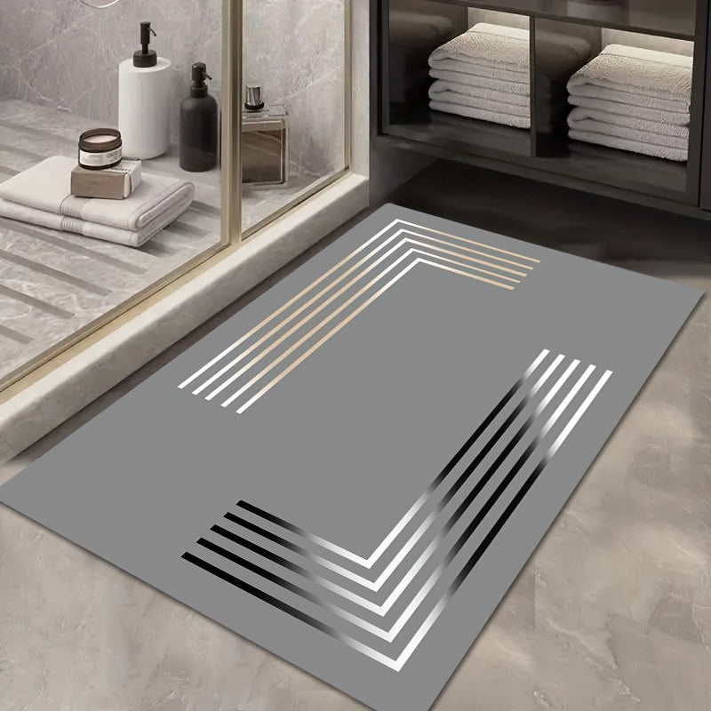 Deluxe Thick Non-Slip Diatom Mud Mat - Soft, Absorbent, Quick-Drying, Elegant Gray And Golden Stripe Design. Perfect for Kitchen, Bathroom, Entrance - Durable Rubber Backing, Hand Wash Only