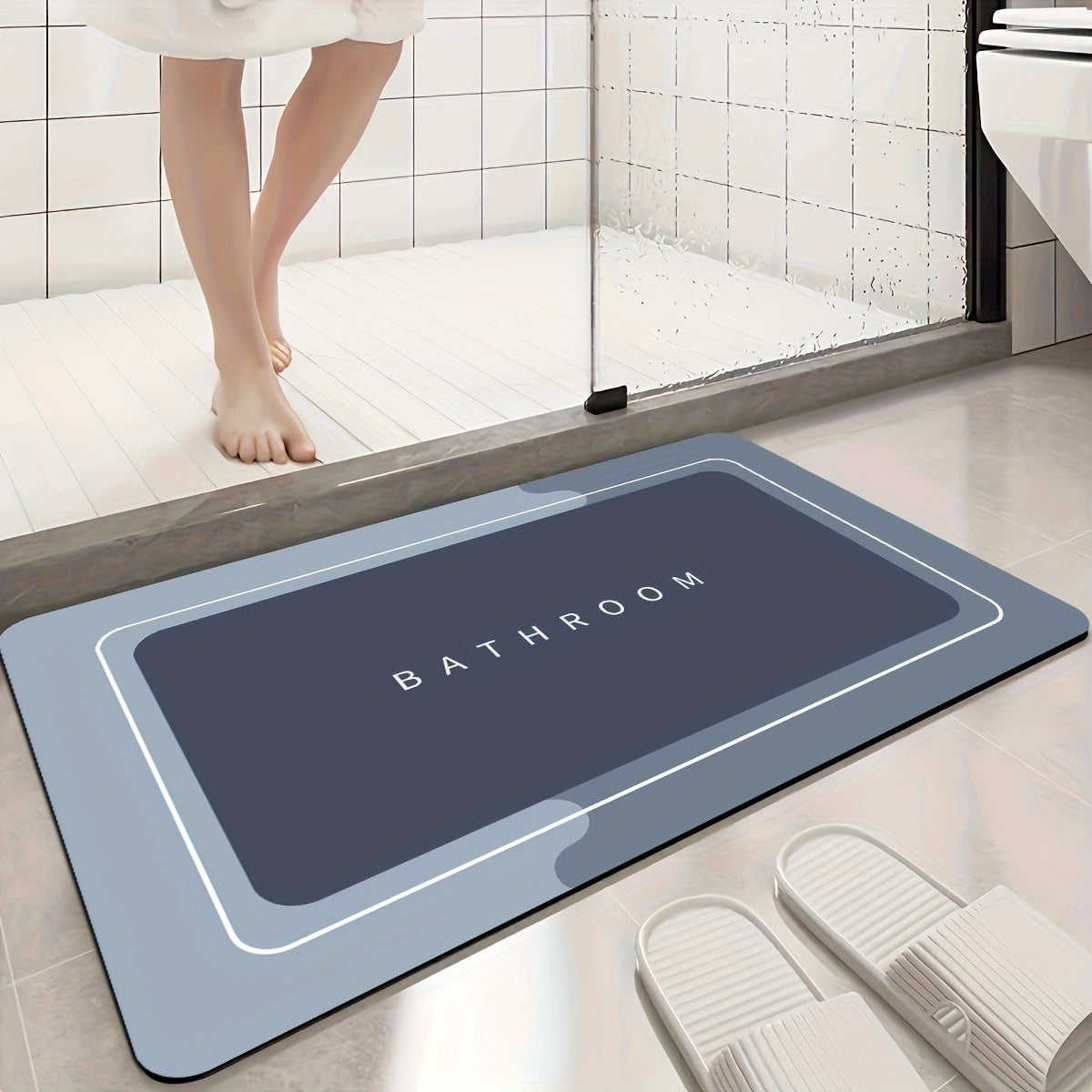 1pc Quick-Dry Bathroom Mat - Non-Slip, Absorbent Diatomaceous Earth Floor Mat with Geometric Design in Black, Gray, and White - Ideal for Shower, Entryway, Kitchen, or Bedroom - Machine Washable Polyester Blend, Bathroom Rug