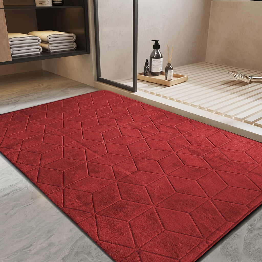 [Thickened Memory Foam Bath Rug] 1pc Thickened Memory Foam Sponge Bath Rug | Fast Absorbent, Washable, Non-Slip Shower Mat with Geometric Pattern, Durable Polyester Blend - Ideal for Bathroom, Kitchen, and Living Room