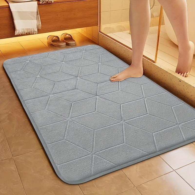 [Thickened Memory Foam Bath Rug] 1pc Thickened Memory Foam Sponge Bath Rug | Fast Absorbent, Washable, Non-Slip Shower Mat with Geometric Pattern, Durable Polyester Blend - Ideal for Bathroom, Kitchen, and Living Room