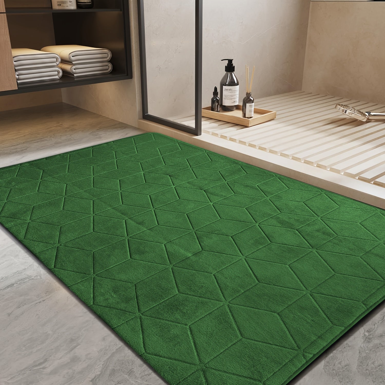 [Thickened Memory Foam Bath Rug] 1pc Thickened Memory Foam Sponge Bath Rug | Fast Absorbent, Washable, Non-Slip Shower Mat with Geometric Pattern, Durable Polyester Blend - Ideal for Bathroom, Kitchen, and Living Room