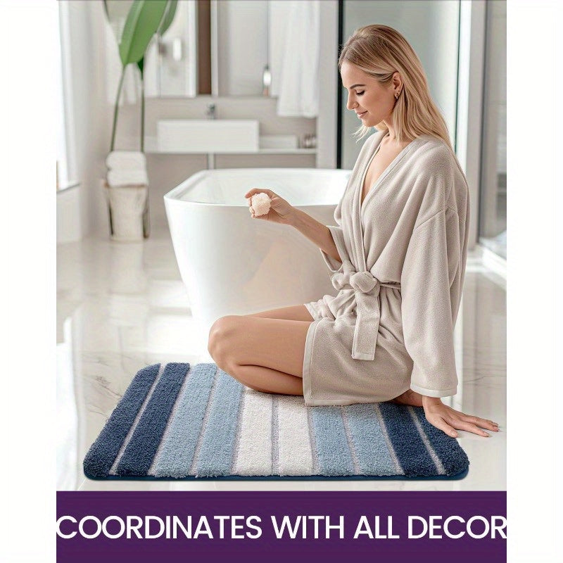1pc Non-Slip Bathroom Mat Carpet - Extra Long Bath (20x32 Inches), Quick-Dry Absorbent Shower Mat with Non-Slip Backing, Soft Bathroom Floor Carpet in Blue - for Shower, Tub, Sink - Polyester Bathroom, Decorative Stripes, Durable Tpr Backing