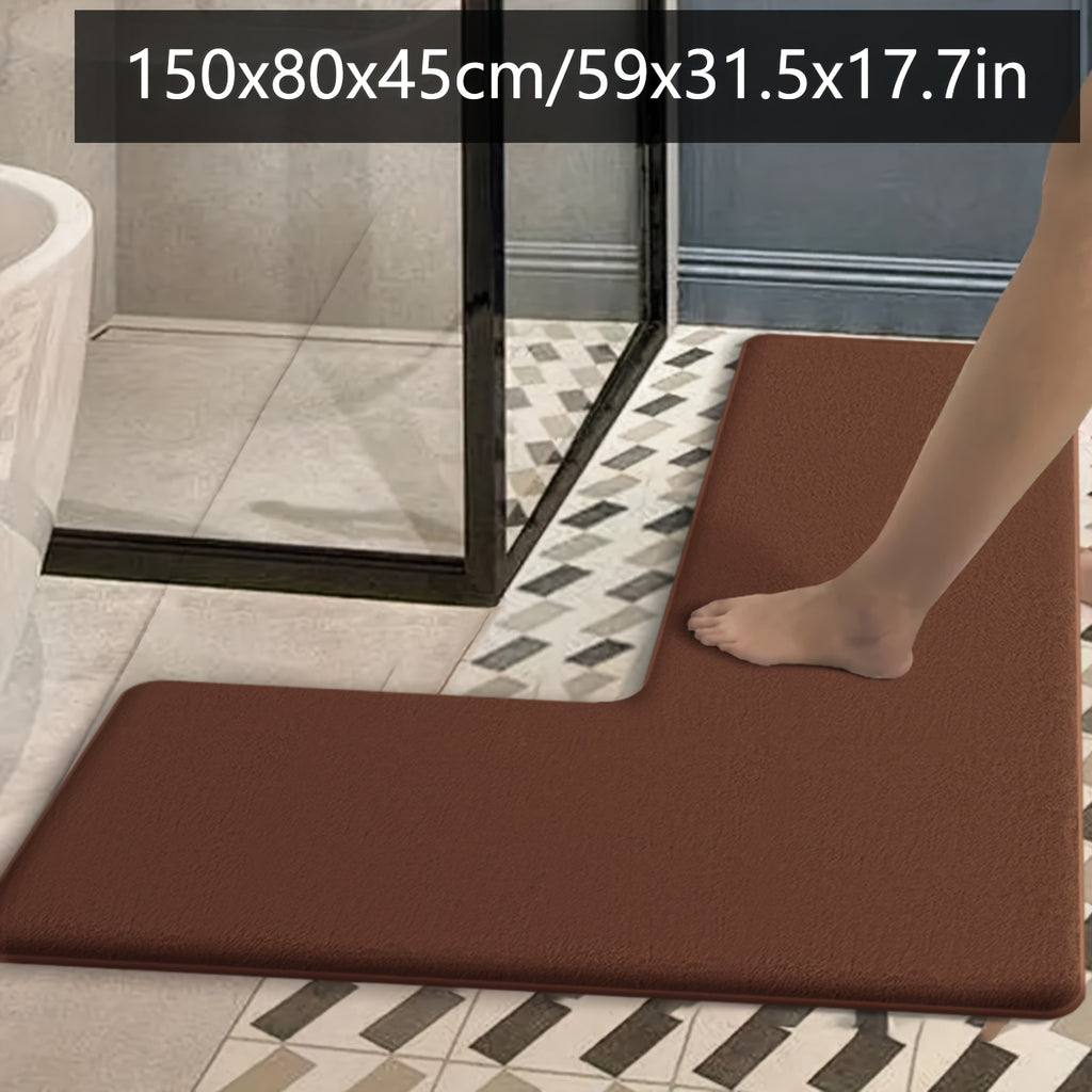 Luxurious Dark Blue Flannel Bath Mat - Absorbent, Non-Slip, L-Shaped Shower Door Mat for Bathroom Safety, Soft and Plush Texture, Perfect for Modern Bathrooms, Bathroom Mat