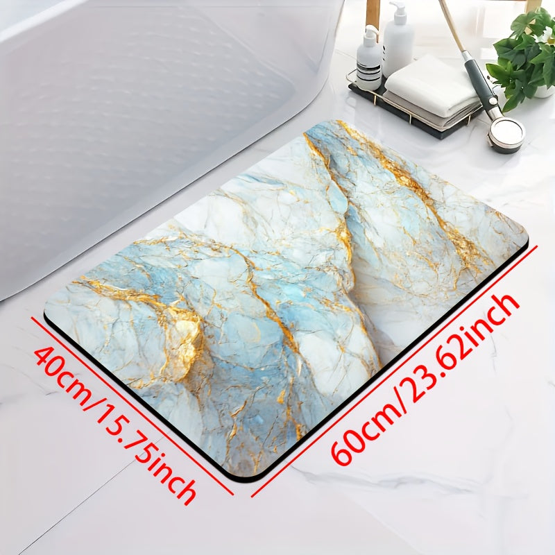 1pc Diatomite Bath Mat with Blue Golden Marble Print Design, Quick-Dry Non-Slip Absorbent Floor Mat, Soft and Comfortable for Bathroom, Shower, Laundry Room, Bedroom, Doorway, Kitchen, RV Bathroom, Bathroom, Bath Matts for Bathroom, Non Slip Bathtub Mat,