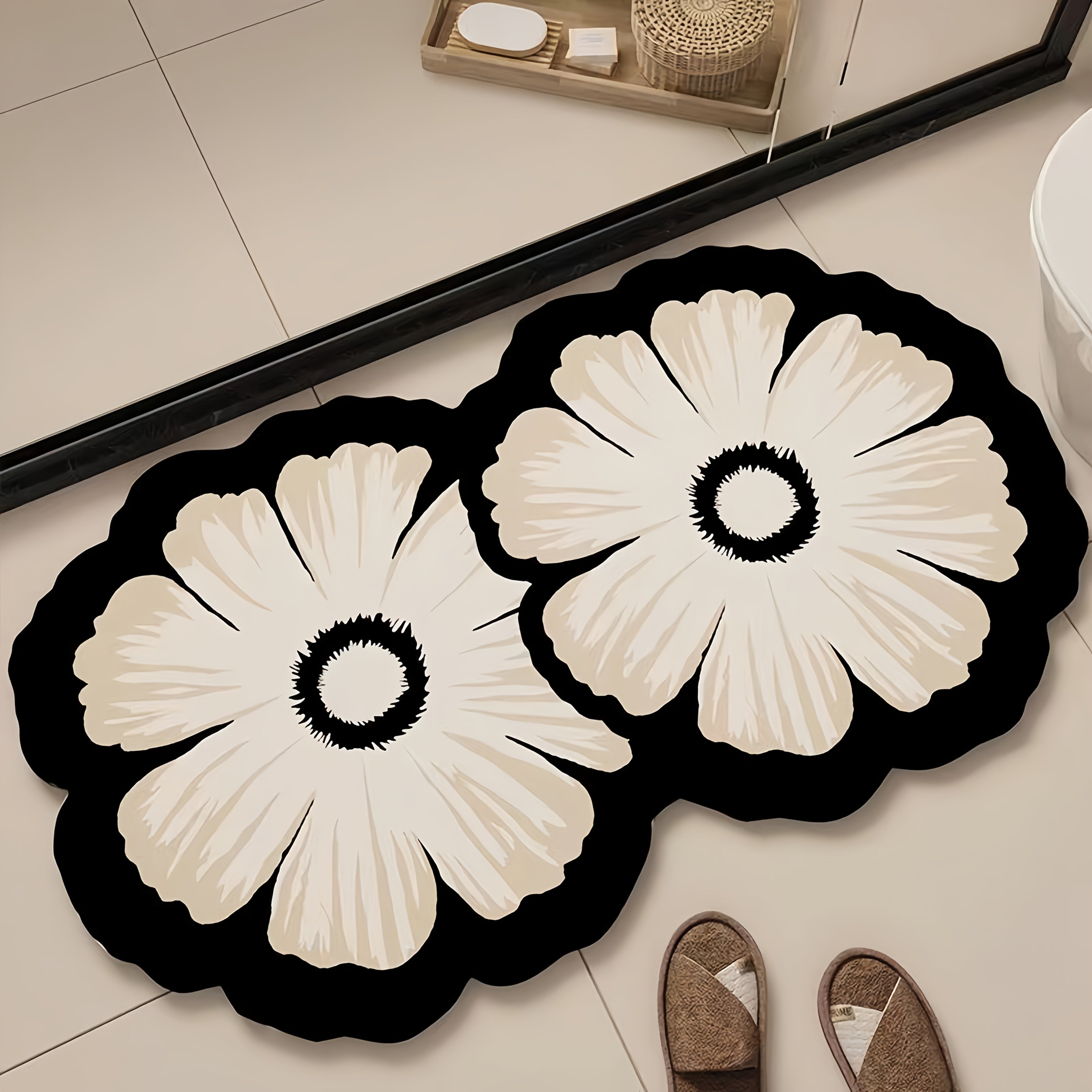 [Quick-Dry Floral Bath Mat] 1pc Super Absorbent Quick-Dry Floral Diatomaceous Earth Bath Mat | Non-Slip Soft Shower Mat with Rubber Backing, Decorative Floor Mat for Bathroom, Easy to Clean, 1200gsm, Hand Wash Only