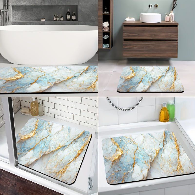 1pc Diatomite Bath Mat with Blue Golden Marble Print Design, Quick-Dry Non-Slip Absorbent Floor Mat, Soft and Comfortable for Bathroom, Shower, Laundry Room, Bedroom, Doorway, Kitchen, RV Bathroom, Bathroom, Bath Matts for Bathroom, Non Slip Bathtub Mat,