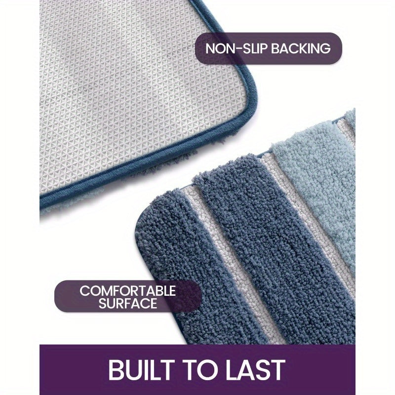 1pc Non-Slip Bathroom Mat Carpet - Extra Long Bath (20x32 Inches), Quick-Dry Absorbent Shower Mat with Non-Slip Backing, Soft Bathroom Floor Carpet in Blue - for Shower, Tub, Sink - Polyester Bathroom, Decorative Stripes, Durable Tpr Backing