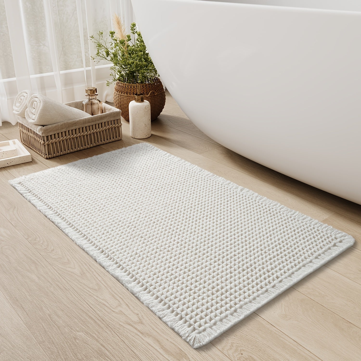 SIXHOME Ultra-Absorbent Waffle Bath Mat - Non-Slip, Machine Washable with Tassels, Rubber Backed Polyester Blend Rug for Bathroom Floor