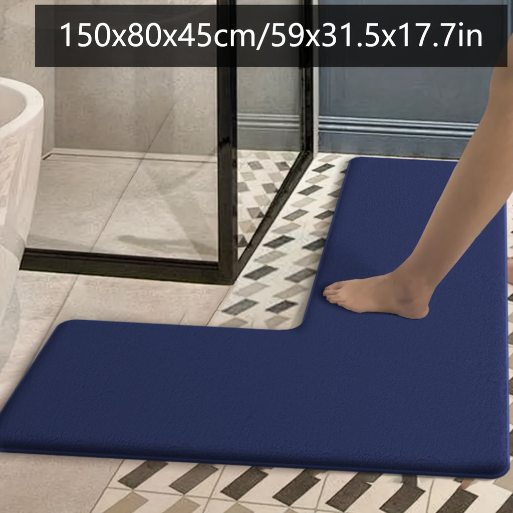 Luxurious Dark Blue Flannel Bath Mat - Absorbent, Non-Slip, L-Shaped Shower Door Mat for Bathroom Safety, Soft and Plush Texture, Perfect for Modern Bathrooms, Bathroom Mat