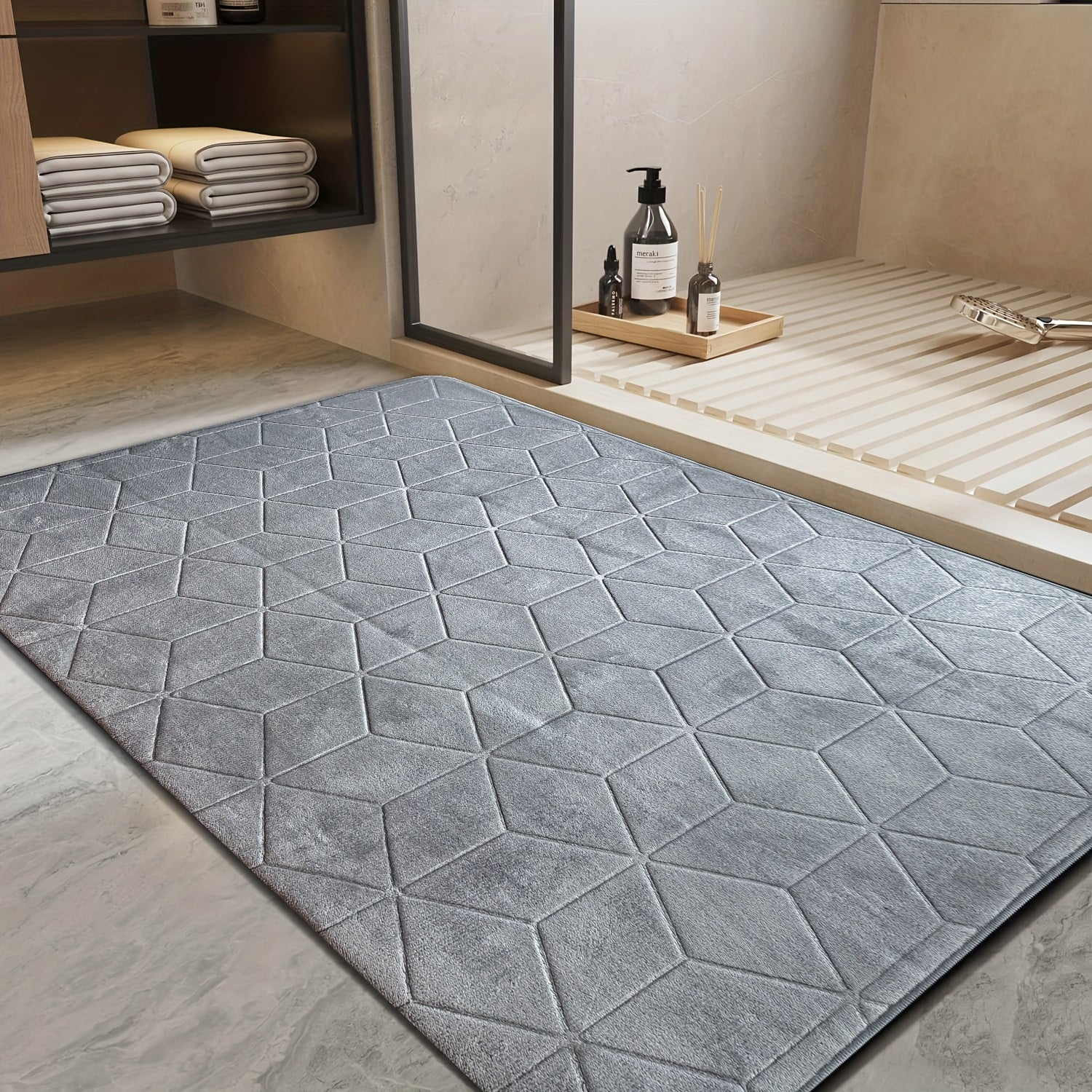 [Thickened Memory Foam Bath Rug] 1pc Thickened Memory Foam Sponge Bath Rug | Fast Absorbent, Washable, Non-Slip Shower Mat with Geometric Pattern, Durable Polyester Blend - Ideal for Bathroom, Kitchen, and Living Room