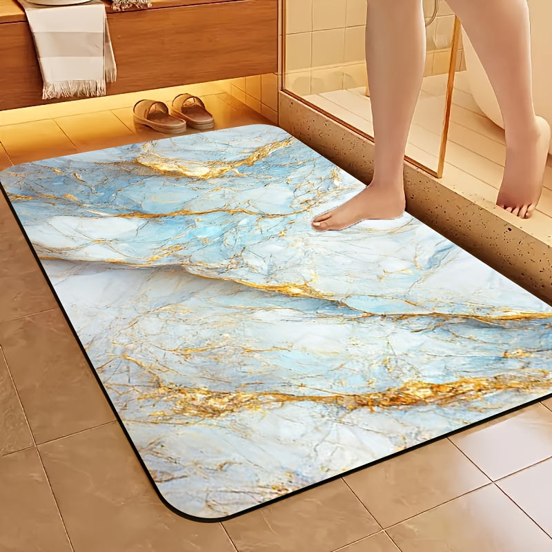 1pc Diatomite Bath Mat with Blue Golden Marble Print Design, Quick-Dry Non-Slip Absorbent Floor Mat, Soft and Comfortable for Bathroom, Shower, Laundry Room, Bedroom, Doorway, Kitchen, RV Bathroom, Bathroom, Bath Matts for Bathroom, Non Slip Bathtub Mat,