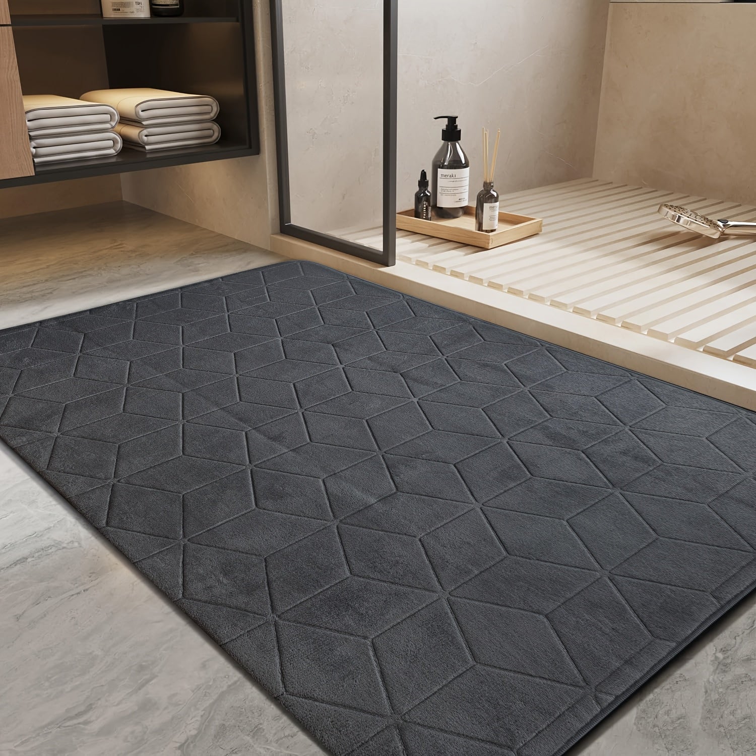 [Thickened Memory Foam Bath Rug] 1pc Thickened Memory Foam Sponge Bath Rug | Fast Absorbent, Washable, Non-Slip Shower Mat with Geometric Pattern, Durable Polyester Blend - Ideal for Bathroom, Kitchen, and Living Room