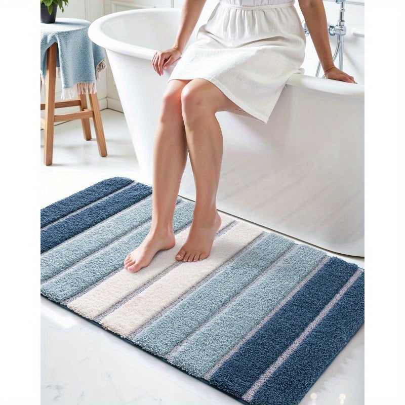 1pc Non-Slip Bathroom Mat Carpet - Extra Long Bath (20x32 Inches), Quick-Dry Absorbent Shower Mat with Non-Slip Backing, Soft Bathroom Floor Carpet in Blue - for Shower, Tub, Sink - Polyester Bathroom, Decorative Stripes, Durable Tpr Backing