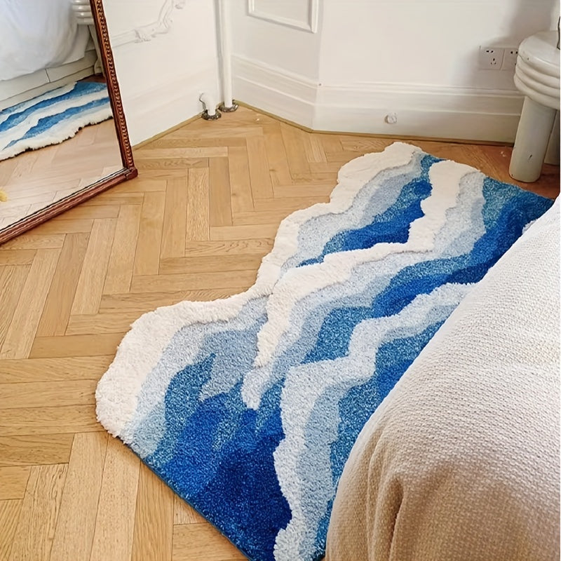 Thick Ultra-Soft Tufted Rug - Blue Ocean Wave, Non-Slip TPR Backing, Absorbent for Bathroom & Living Room Decor