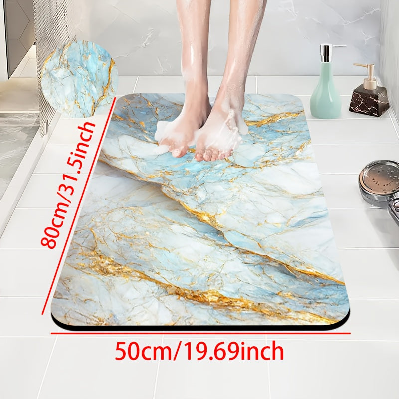 1pc Diatomite Bath Mat with Blue Golden Marble Print Design, Quick-Dry Non-Slip Absorbent Floor Mat, Soft and Comfortable for Bathroom, Shower, Laundry Room, Bedroom, Doorway, Kitchen, RV Bathroom, Bathroom, Bath Matts for Bathroom, Non Slip Bathtub Mat,