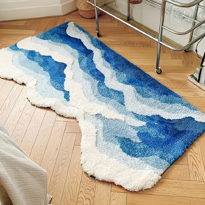 Thick Ultra-Soft Tufted Rug - Blue Ocean Wave, Non-Slip TPR Backing, Absorbent for Bathroom & Living Room Decor