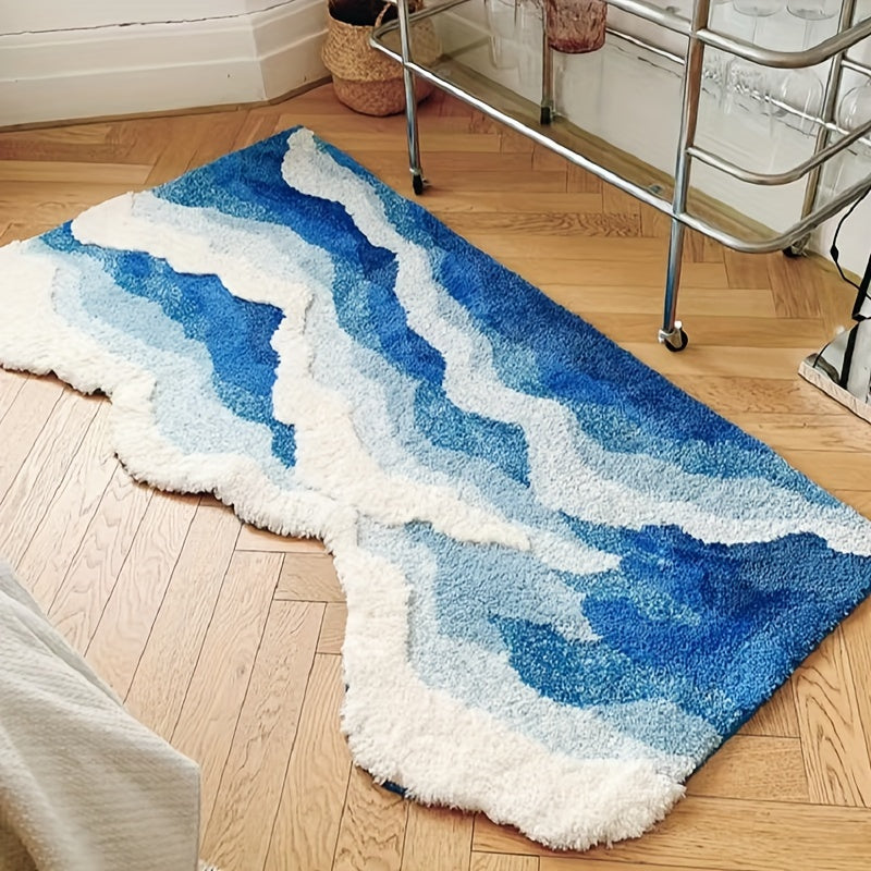 Thick Ultra-Soft Tufted Rug - Blue Ocean Wave, Non-Slip TPR Backing, Absorbent for Bathroom & Living Room Decor