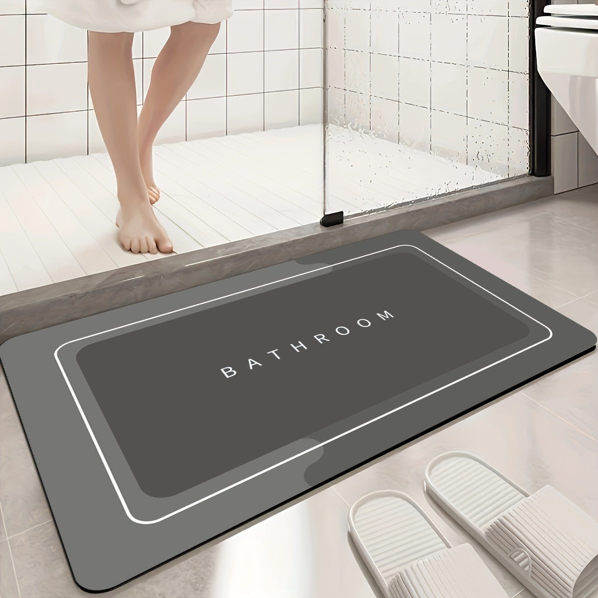 1pc Quick-Dry Bathroom Mat - Non-Slip, Absorbent Diatomaceous Earth Floor Mat with Geometric Design in Black, Gray, and White - Ideal for Shower, Entryway, Kitchen, or Bedroom - Machine Washable Polyester Blend, Bathroom Rug