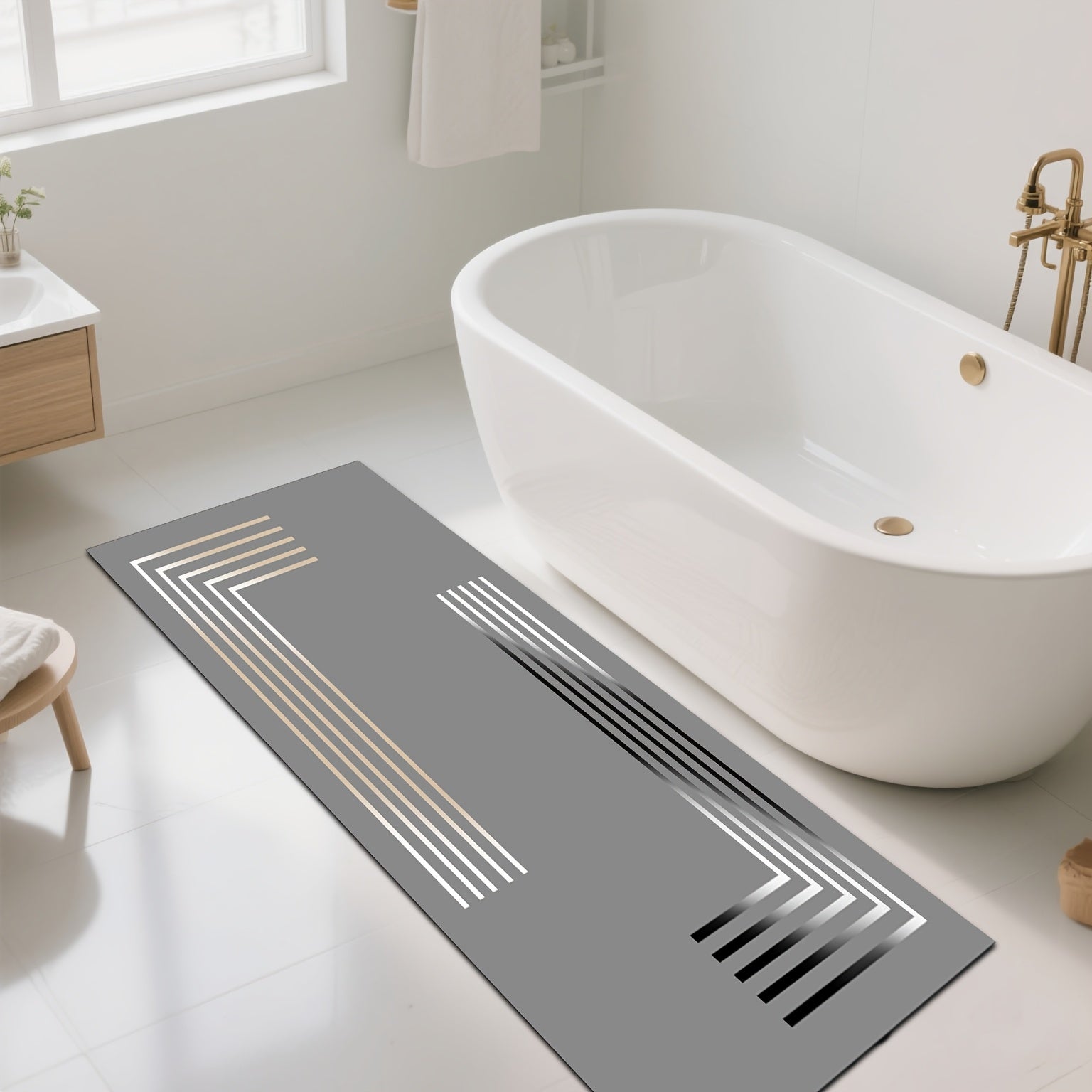 Deluxe Thick Non-Slip Diatom Mud Mat - Soft, Absorbent, Quick-Drying, Elegant Gray And Golden Stripe Design. Perfect for Kitchen, Bathroom, Entrance - Durable Rubber Backing, Hand Wash Only