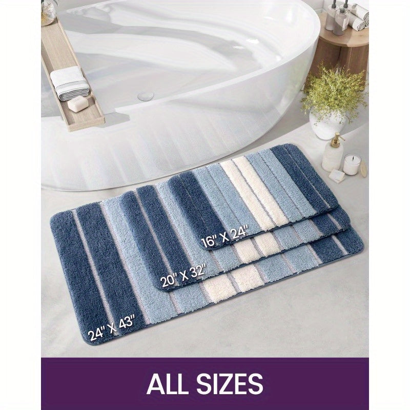 1pc Non-Slip Bathroom Mat Carpet - Extra Long Bath (20x32 Inches), Quick-Dry Absorbent Shower Mat with Non-Slip Backing, Soft Bathroom Floor Carpet in Blue - for Shower, Tub, Sink - Polyester Bathroom, Decorative Stripes, Durable Tpr Backing