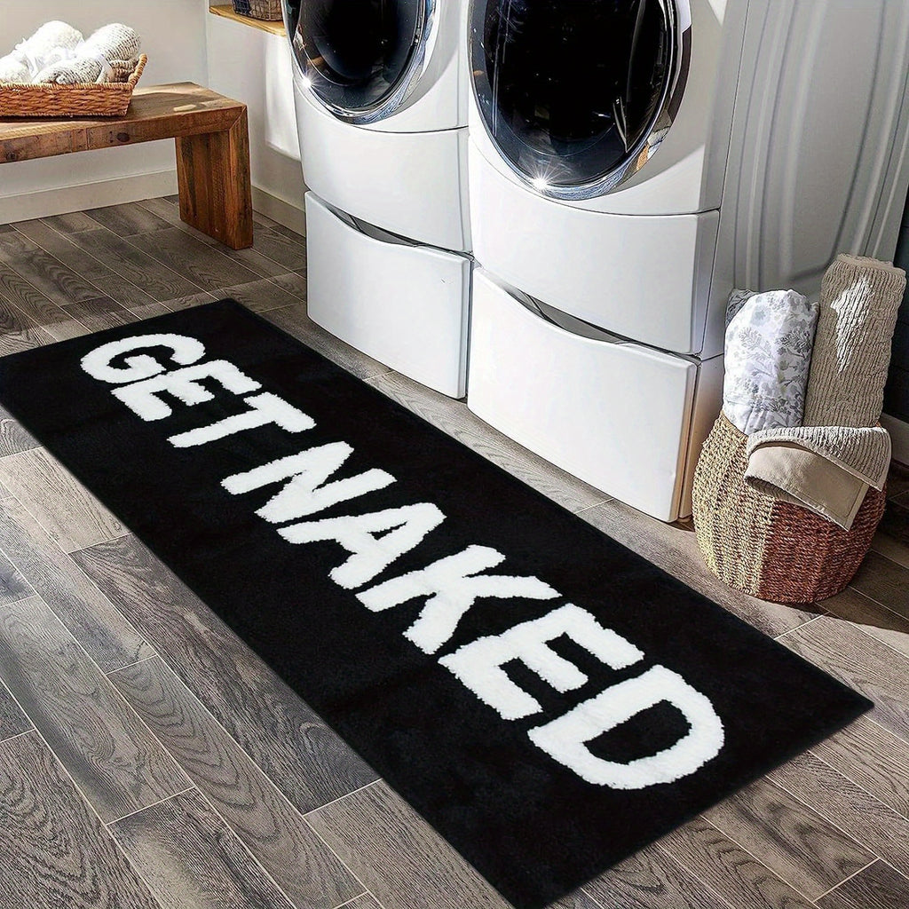[Non-Slip Bath Mat] Non-Slip Water Absorbent Microfiber Bath Mat, Black Get Naked Long Runner Rug for Bathroom, Cute Fun Simple