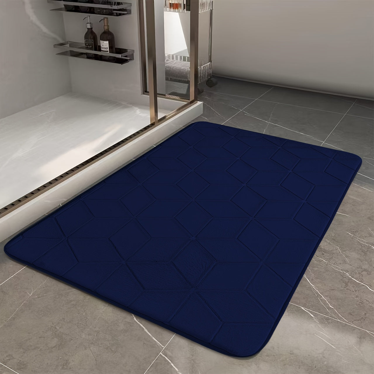 [Thickened Memory Foam Bath Rug] 1pc Thickened Memory Foam Sponge Bath Rug | Fast Absorbent, Washable, Non-Slip Shower Mat with Geometric Pattern, Durable Polyester Blend - Ideal for Bathroom, Kitchen, and Living Room