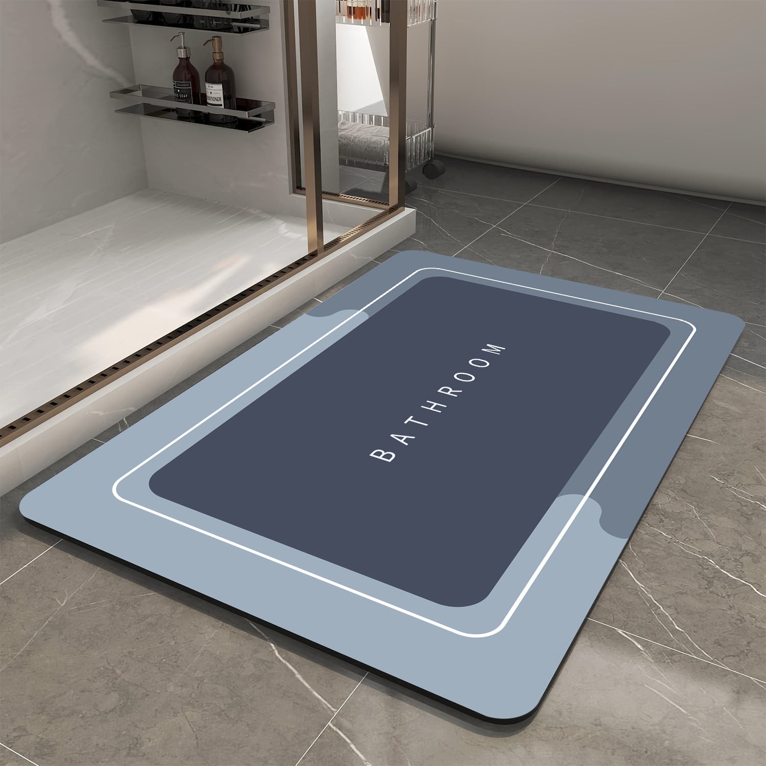 1pc Quick-Dry Bathroom Mat - Non-Slip, Absorbent Diatomaceous Earth Floor Mat with Geometric Design in Black, Gray, and White - Ideal for Shower, Entryway, Kitchen, or Bedroom - Machine Washable Polyester Blend, Bathroom Rug