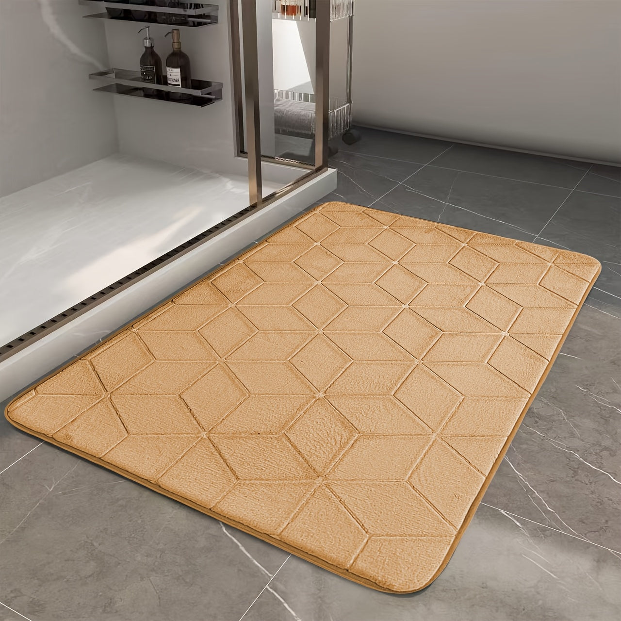 [Thickened Memory Foam Bath Rug] 1pc Thickened Memory Foam Sponge Bath Rug | Fast Absorbent, Washable, Non-Slip Shower Mat with Geometric Pattern, Durable Polyester Blend - Ideal for Bathroom, Kitchen, and Living Room