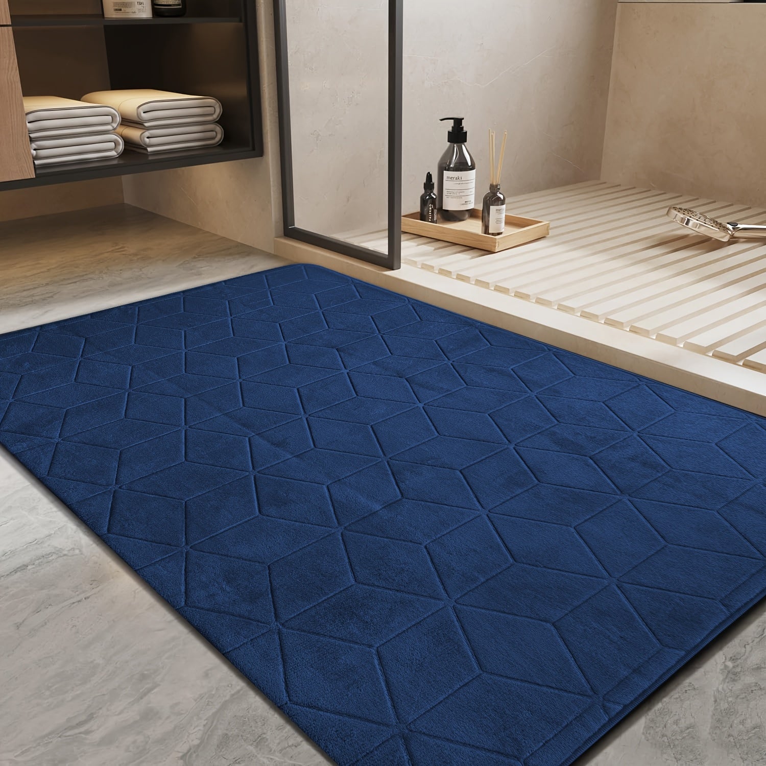 [Thickened Memory Foam Bath Rug] 1pc Thickened Memory Foam Sponge Bath Rug | Fast Absorbent, Washable, Non-Slip Shower Mat with Geometric Pattern, Durable Polyester Blend - Ideal for Bathroom, Kitchen, and Living Room