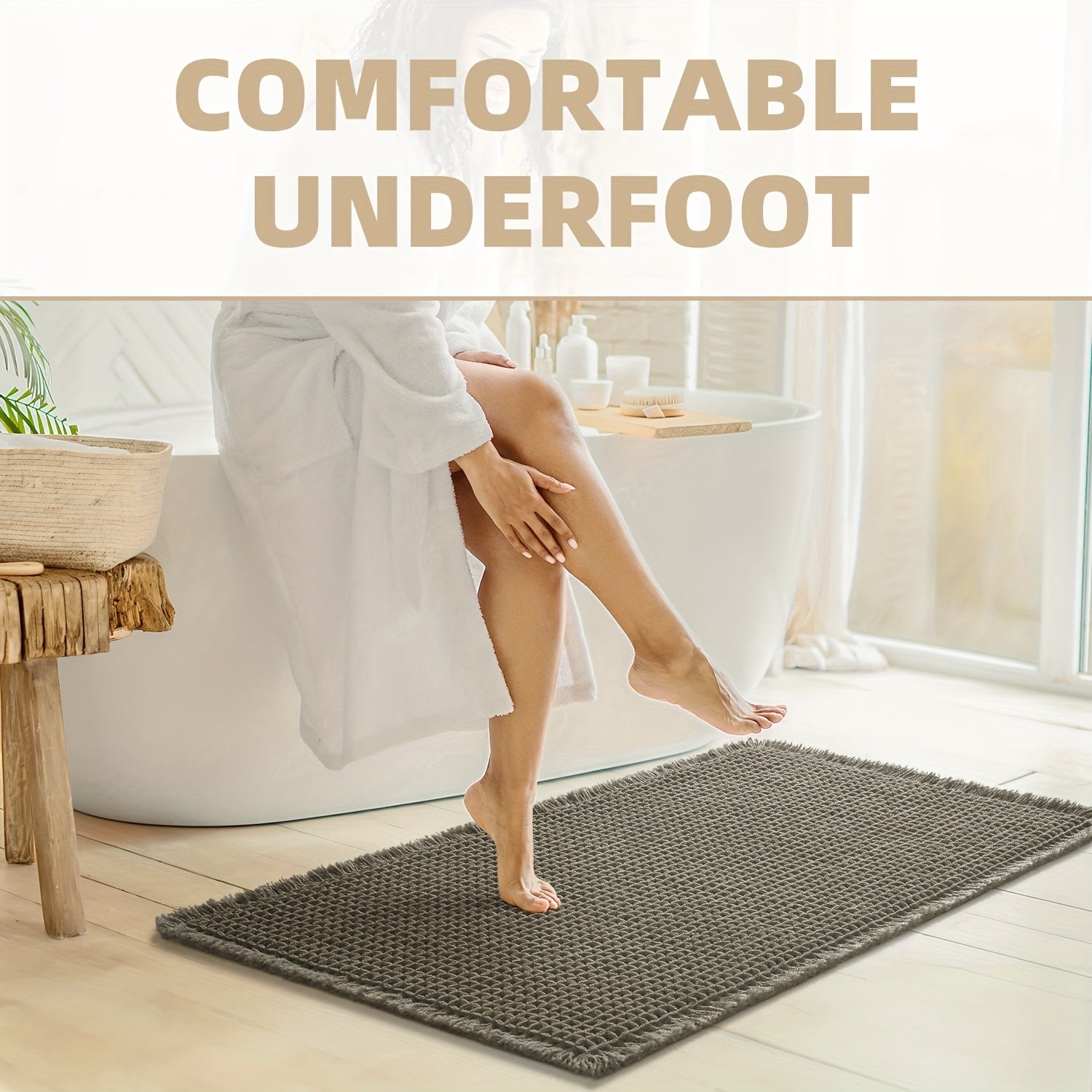 SIXHOME Ultra-Absorbent Waffle Bath Mat - Non-Slip, Machine Washable with Tassels, Rubber Backed Polyester Blend Rug for Bathroom Floor
