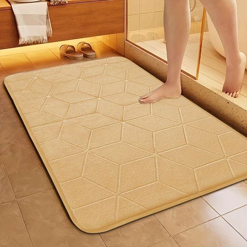 [Thickened Memory Foam Bath Rug] 1pc Thickened Memory Foam Sponge Bath Rug | Fast Absorbent, Washable, Non-Slip Shower Mat with Geometric Pattern, Durable Polyester Blend - Ideal for Bathroom, Kitchen, and Living Room