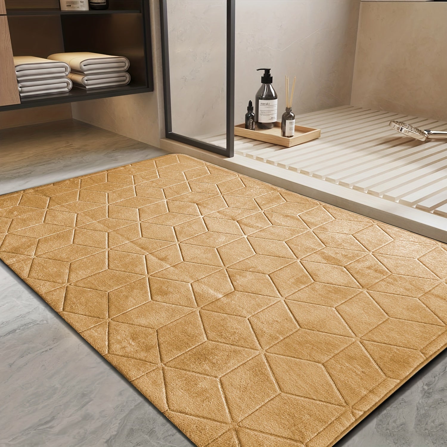 [Thickened Memory Foam Bath Rug] 1pc Thickened Memory Foam Sponge Bath Rug | Fast Absorbent, Washable, Non-Slip Shower Mat with Geometric Pattern, Durable Polyester Blend - Ideal for Bathroom, Kitchen, and Living Room