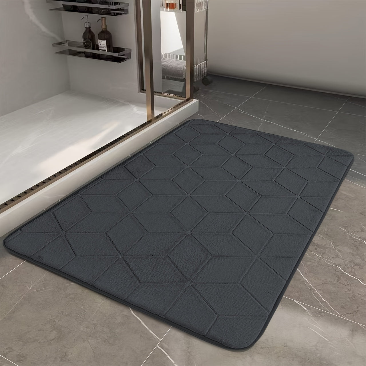 [Thickened Memory Foam Bath Rug] 1pc Thickened Memory Foam Sponge Bath Rug | Fast Absorbent, Washable, Non-Slip Shower Mat with Geometric Pattern, Durable Polyester Blend - Ideal for Bathroom, Kitchen, and Living Room