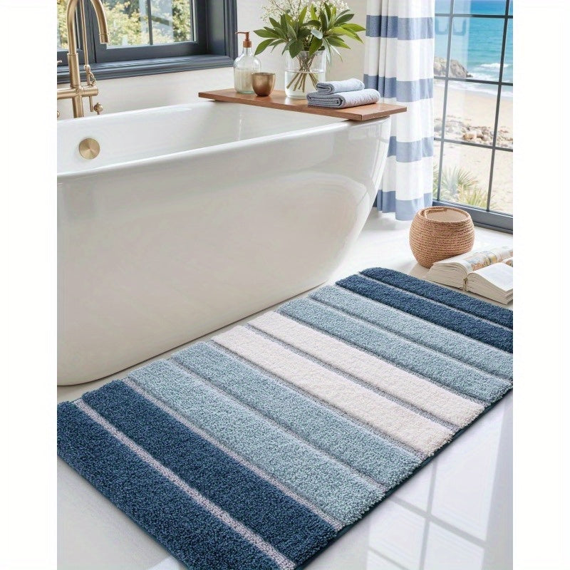 1pc Non-Slip Bathroom Mat Carpet - Extra Long Bath (20x32 Inches), Quick-Dry Absorbent Shower Mat with Non-Slip Backing, Soft Bathroom Floor Carpet in Blue - for Shower, Tub, Sink - Polyester Bathroom, Decorative Stripes, Durable Tpr Backing