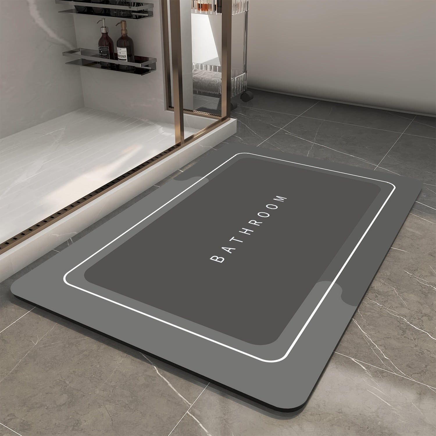 1pc Quick-Dry Bathroom Mat - Non-Slip, Absorbent Diatomaceous Earth Floor Mat with Geometric Design in Black, Gray, and White - Ideal for Shower, Entryway, Kitchen, or Bedroom - Machine Washable Polyester Blend, Bathroom Rug