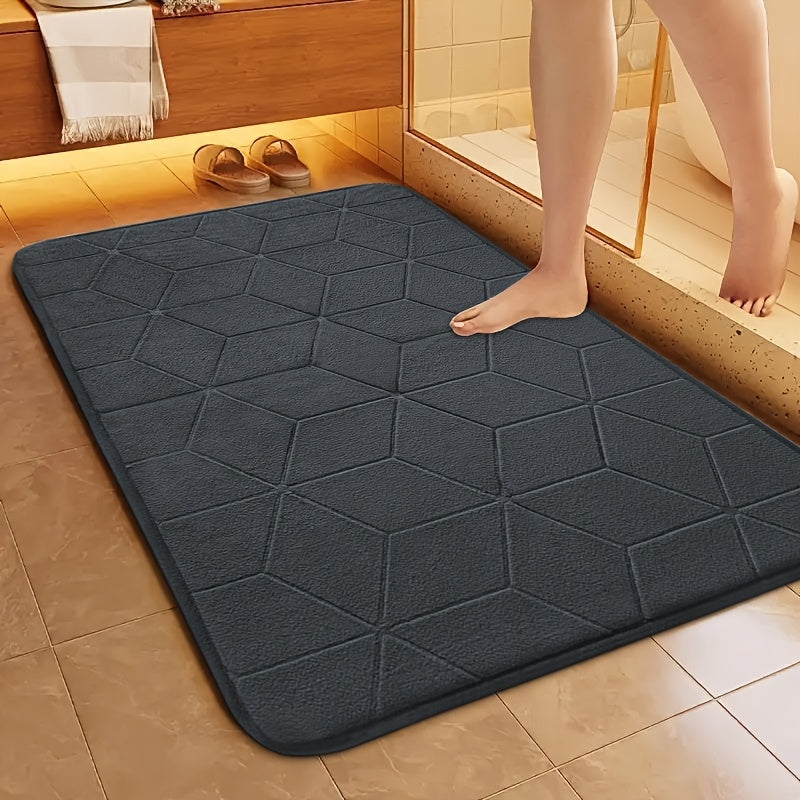 [Thickened Memory Foam Bath Rug] 1pc Thickened Memory Foam Sponge Bath Rug | Fast Absorbent, Washable, Non-Slip Shower Mat with Geometric Pattern, Durable Polyester Blend - Ideal for Bathroom, Kitchen, and Living Room