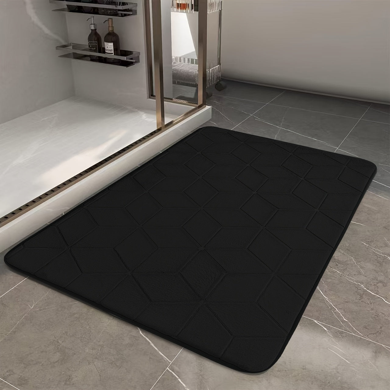 [Thickened Memory Foam Bath Rug] 1pc Thickened Memory Foam Sponge Bath Rug | Fast Absorbent, Washable, Non-Slip Shower Mat with Geometric Pattern, Durable Polyester Blend - Ideal for Bathroom, Kitchen, and Living Room