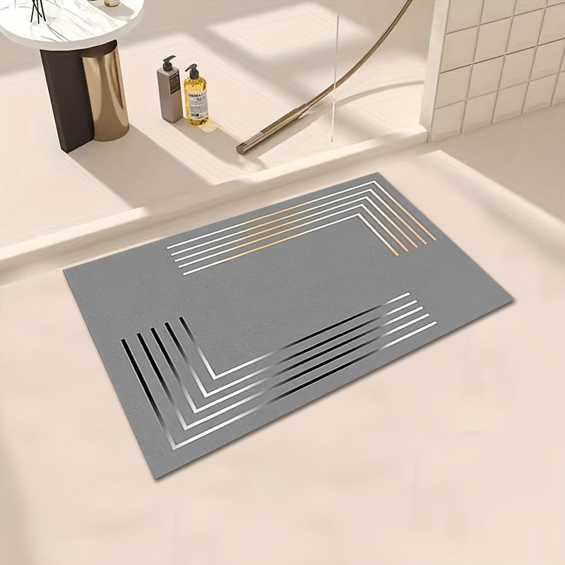 Deluxe Thick Non-Slip Diatom Mud Mat - Soft, Absorbent, Quick-Drying, Elegant Gray And Golden Stripe Design. Perfect for Kitchen, Bathroom, Entrance - Durable Rubber Backing, Hand Wash Only