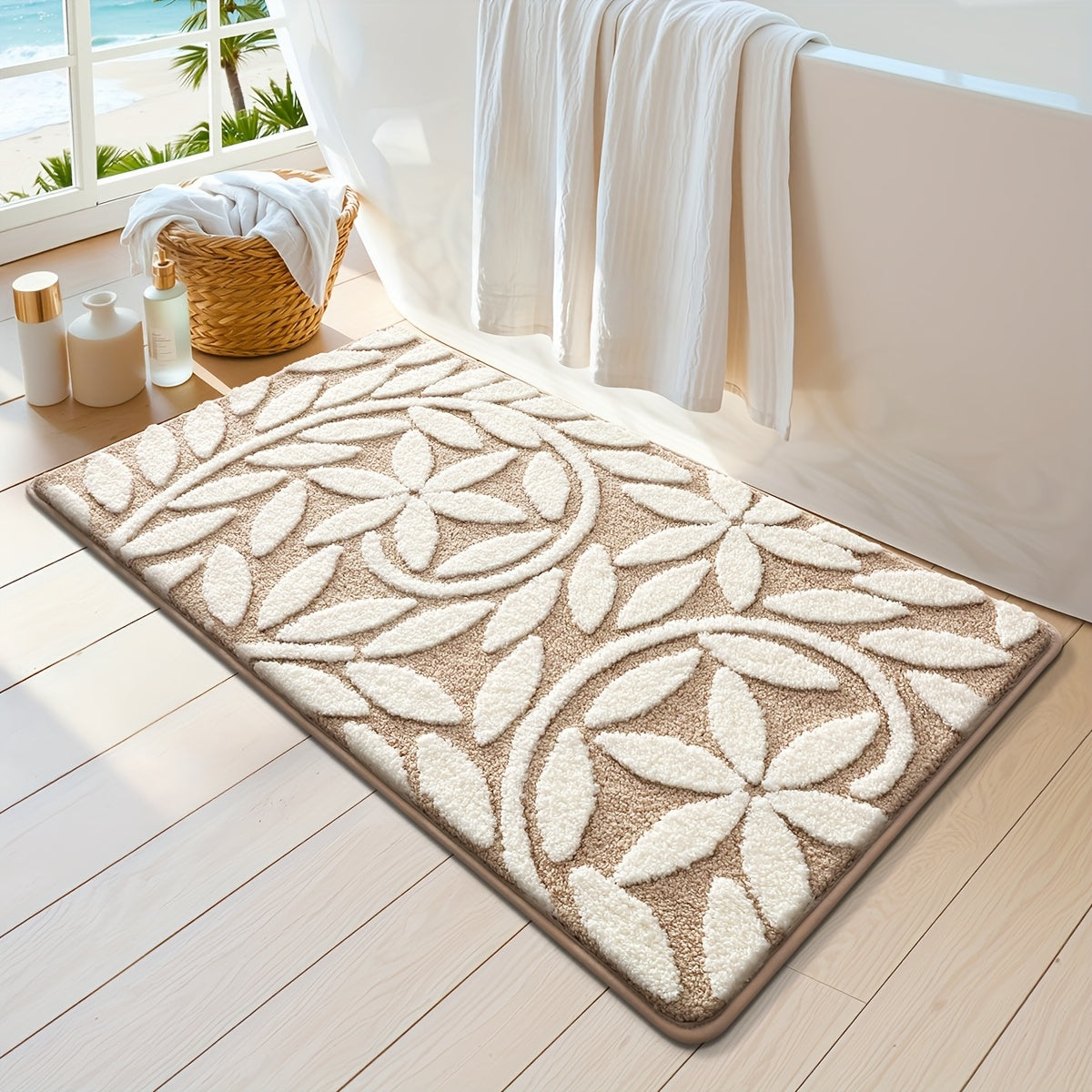 DAJIANG Brand 2cm Thick Soft Non-Slip Plush Velvet Bath Mat - 1050g/㎡, Vintage European Pattern, Rectangular, Machine Washable, Polyester Fiber, TPR Backing