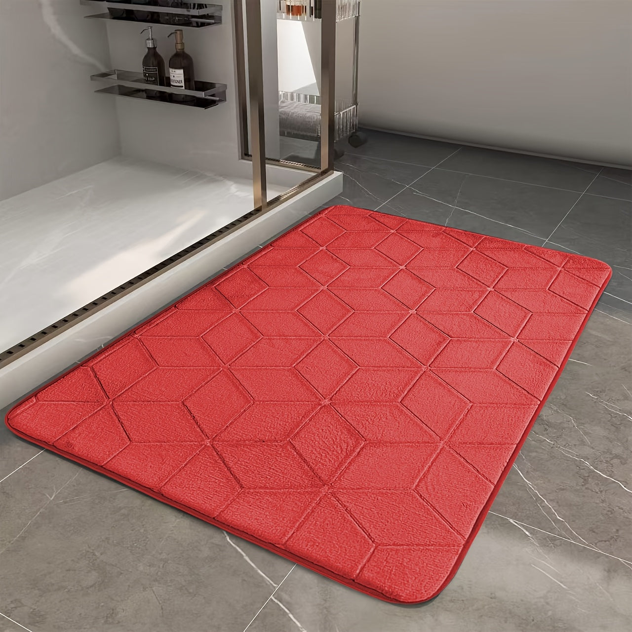 [Thickened Memory Foam Bath Rug] 1pc Thickened Memory Foam Sponge Bath Rug | Fast Absorbent, Washable, Non-Slip Shower Mat with Geometric Pattern, Durable Polyester Blend - Ideal for Bathroom, Kitchen, and Living Room
