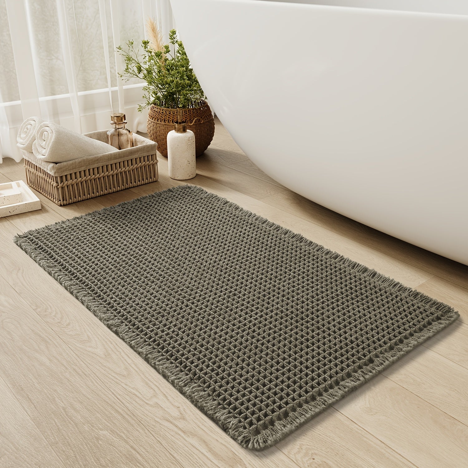 SIXHOME Ultra-Absorbent Waffle Bath Mat - Non-Slip, Machine Washable with Tassels, Rubber Backed Polyester Blend Rug for Bathroom Floor