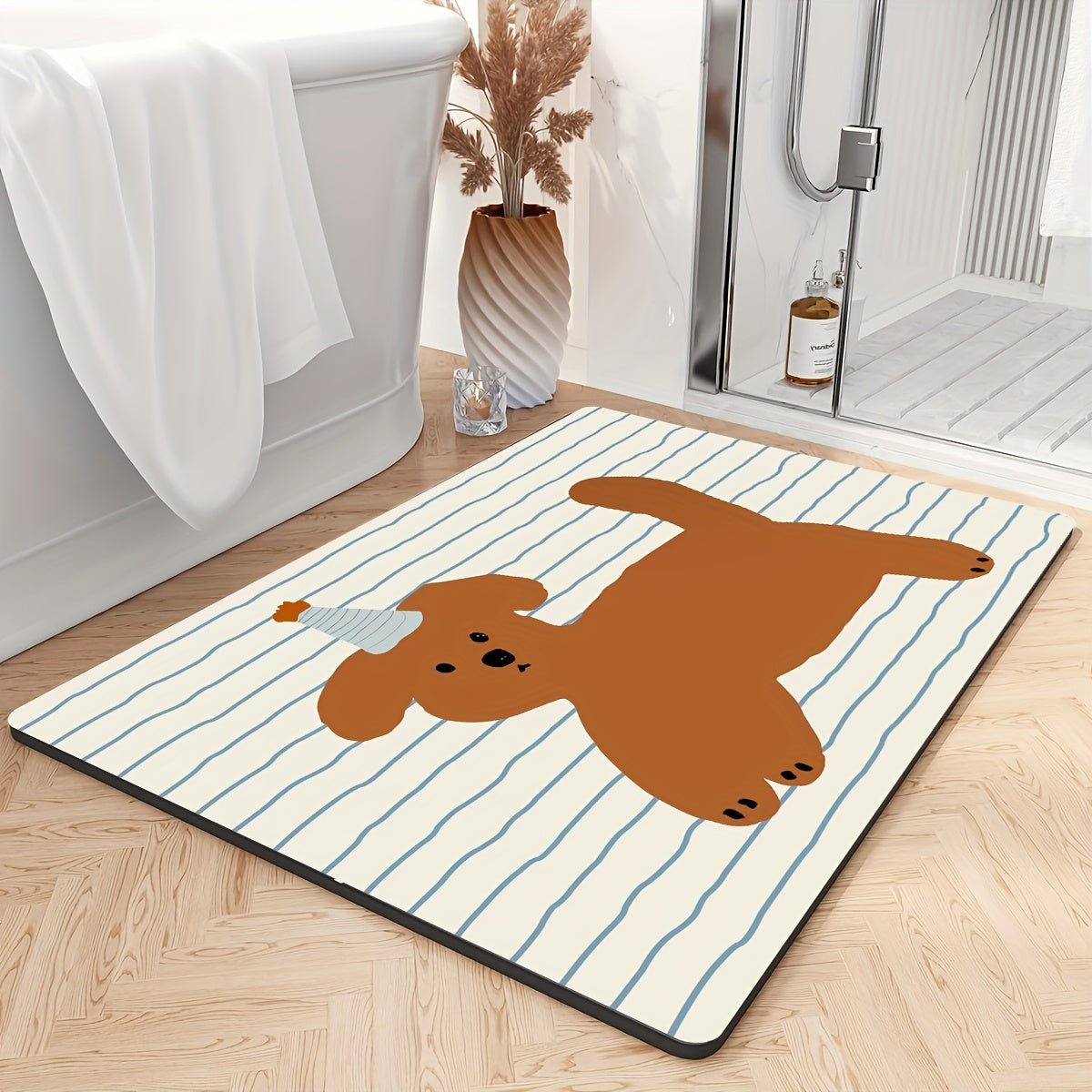 1pc Quick-Dry Bathroom Mat - Non-Slip, Absorbent Diatom Mud Floor Mat with Geometric Design, Polyester Blend, Machine Washable, Ideal for Shower & Entryway, Living Room, Kitchen, Bedroom, Farmhouse Style, Bathroom Mat