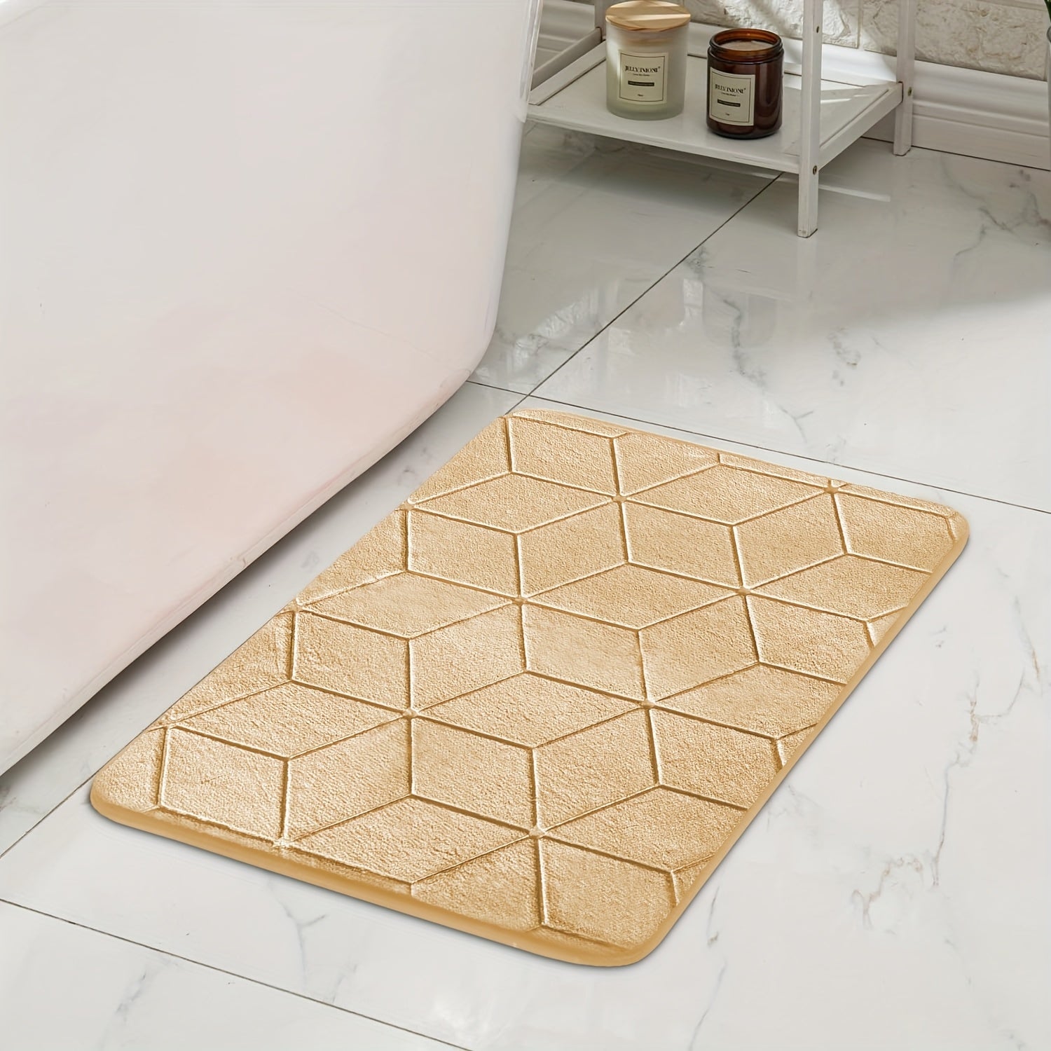 [Thickened Memory Foam Bath Rug] 1pc Thickened Memory Foam Sponge Bath Rug | Fast Absorbent, Washable, Non-Slip Shower Mat with Geometric Pattern, Durable Polyester Blend - Ideal for Bathroom, Kitchen, and Living Room