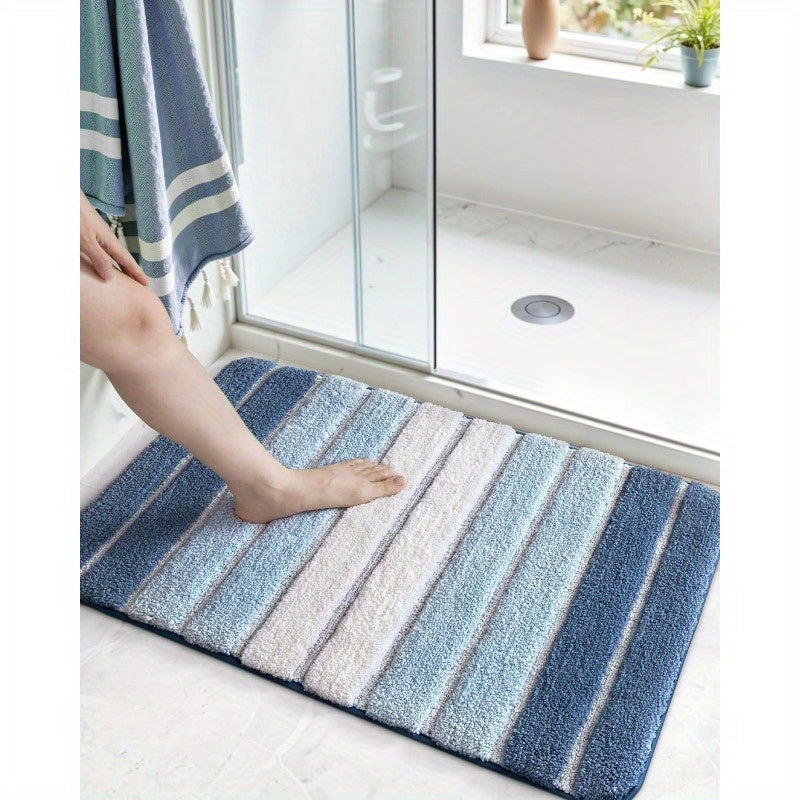 1pc Non-Slip Bathroom Mat Carpet - Extra Long Bath (20x32 Inches), Quick-Dry Absorbent Shower Mat with Non-Slip Backing, Soft Bathroom Floor Carpet in Blue - for Shower, Tub, Sink - Polyester Bathroom, Decorative Stripes, Durable Tpr Backing