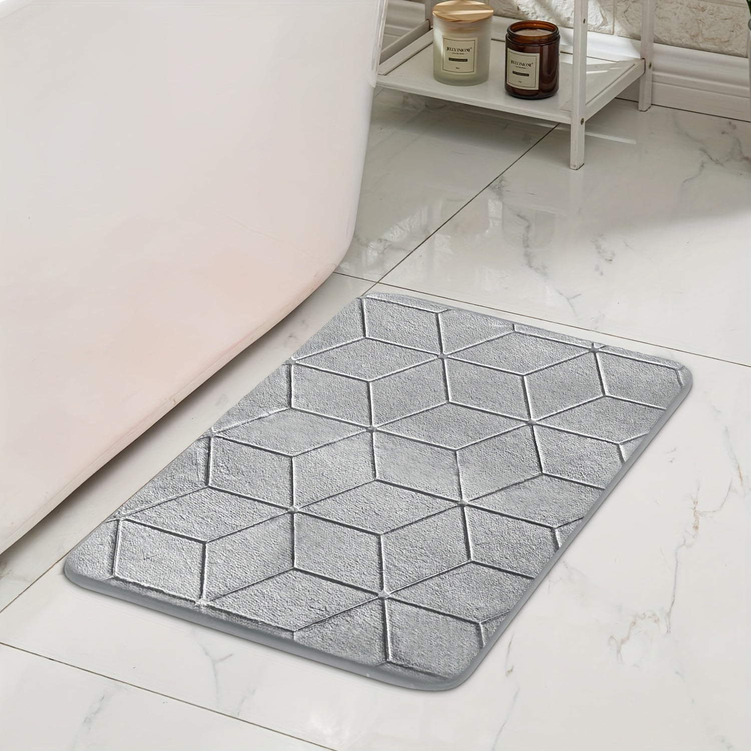 [Thickened Memory Foam Bath Rug] 1pc Thickened Memory Foam Sponge Bath Rug | Fast Absorbent, Washable, Non-Slip Shower Mat with Geometric Pattern, Durable Polyester Blend - Ideal for Bathroom, Kitchen, and Living Room